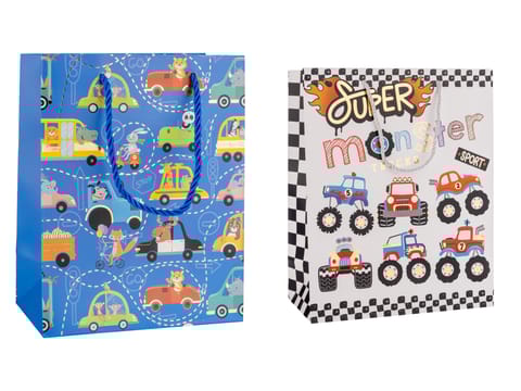 Set of 2 Kids’ Gift Bags – Cartoon Cars & Monster Trucks Design – Large Size with Rope Handles
