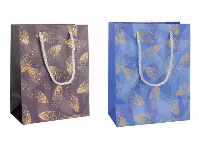Elegant Gift Bag Combo – Blue & Brown Leaf Pattern with Gold Accents – Medium Size – Premium Paper & Rope Handles