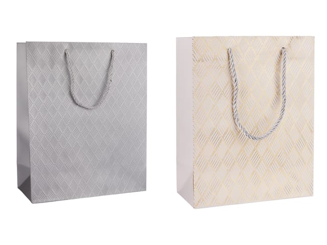 Set of 2 Small Premium Gift Bags – Elegant Silver & Gold Geometric Design – Luxury Paper Bags with Rope Handles