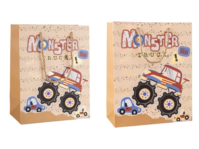 Combo of 3 Monster Truck Gift Bags – Fun & Colorful Designs for Kids – Small & Medium Sizes with Rope Handles