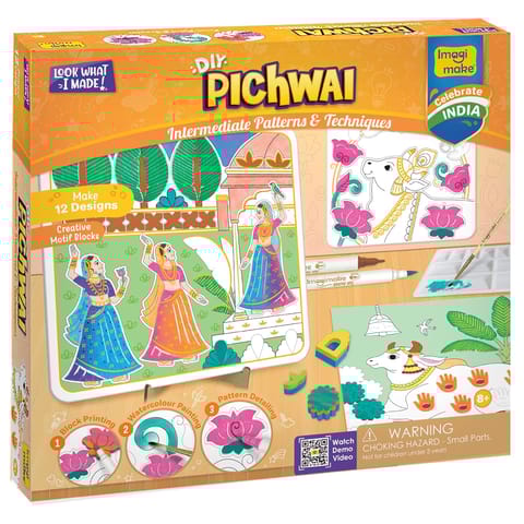Imagimake Diy Pichwai Art Kit | Make 12 Paintings | Pichwai Painting & Colouring Kit Using Water Brush Pen & Stamps