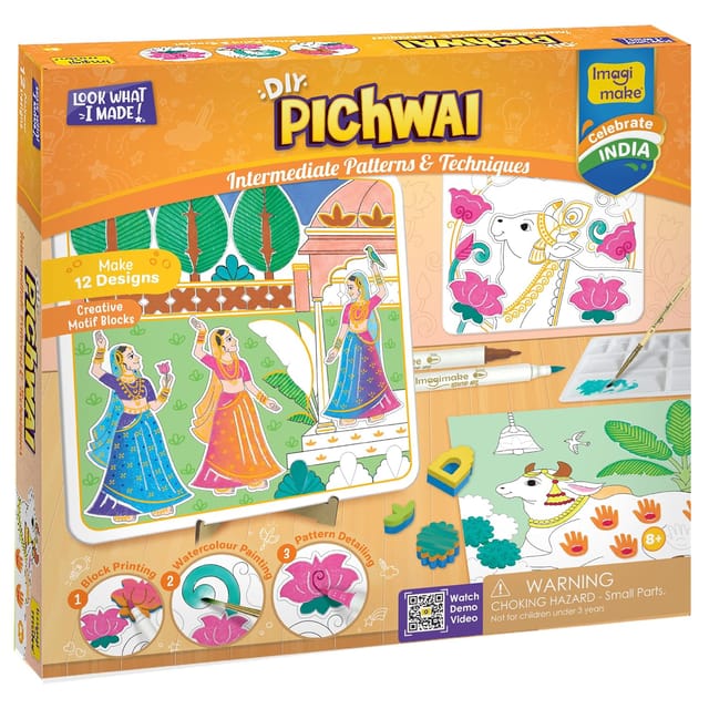 Imagimake Diy Pichwai Art Kit | Make 12 Paintings | Pichwai Painting & Colouring Kit Using Water Brush Pen & Stamps