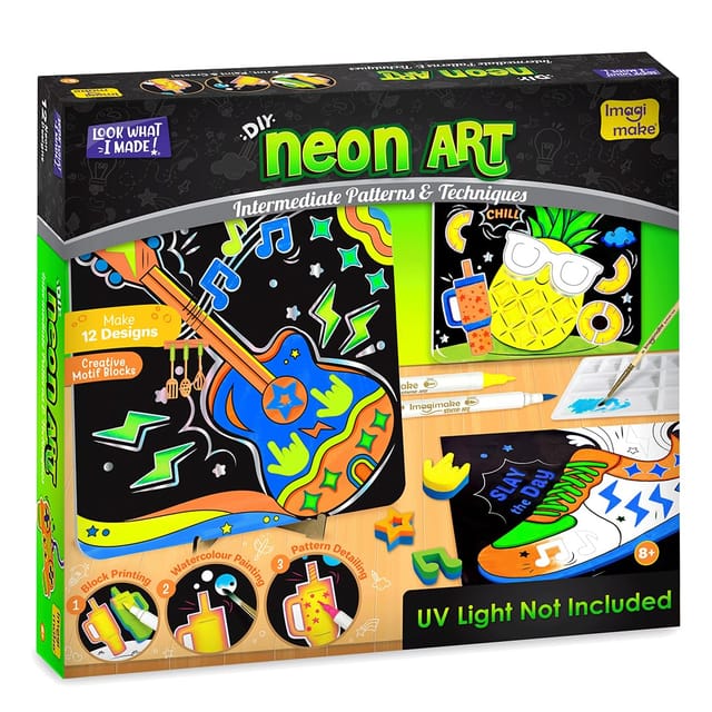 Imagimake Diy Neon Art Kit |painting & Coloring Kit With Neon Brush Pens & Stamps